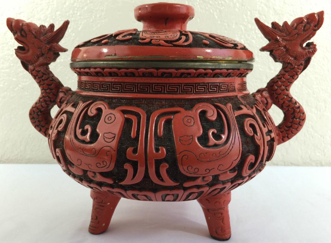 Chinese Cinnabar lacquer Bronze Tripod Censer (1 of 4)