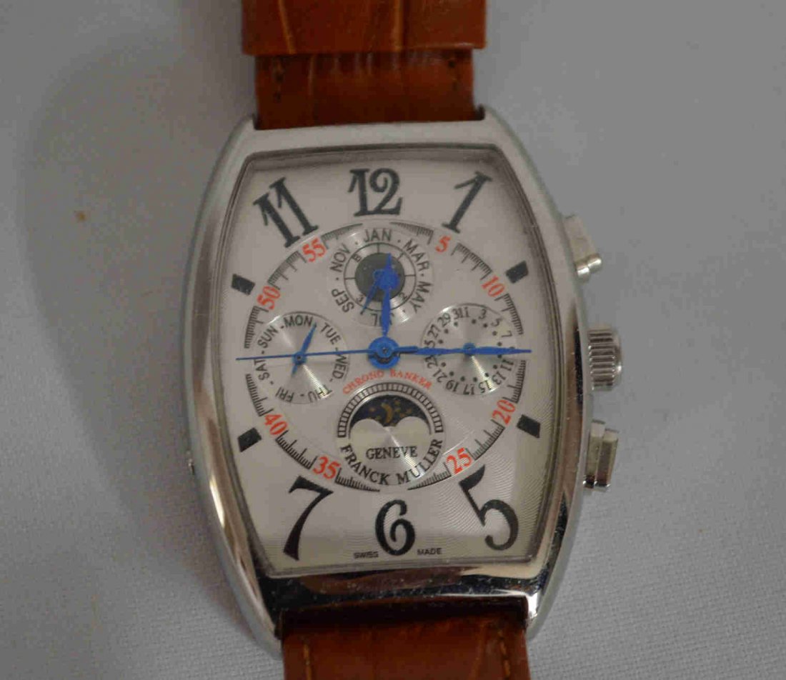 Men: Men's automatic mechanical watch "Franck Muller" trademark The watch has a rectangular shape. During the working condition, the dial has a monthly calendar and a stopwatch function. Franck Muller Gene