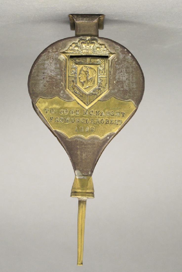 Bellows Still Bank: Made of Tin and Brass. 9" H. Very Fine Condition. Inscribed: "To. John McNaught From Uncle Robert 1898"
