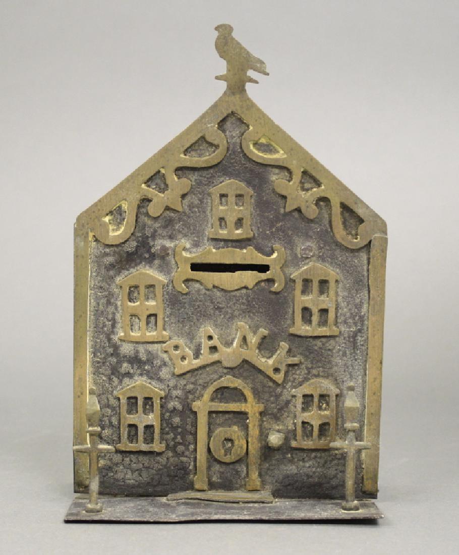 Birth Bank with Bird Finial: Made of Brass and Steel. Excellent Condition (Could use a clean).