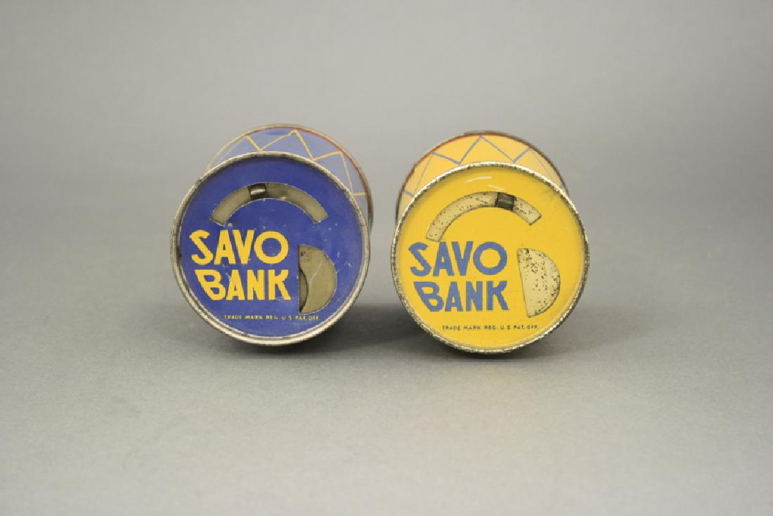 Lot: Two Savo Drum Shaped Banks: Made of Tin. Excellent Condition.