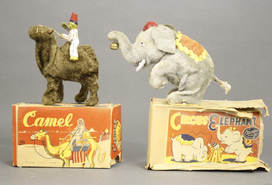 Camel / Circus Elephant with Boxed: Occupied Japan circa 1940's. Made of Tin and Felt. Excellent Condition (Elephant Box torn and missing one box end).