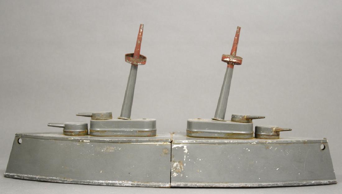 Exploding Battleship: American circa 1915. Made of Tin. 13.5" Long. Very Fine Paint (Missing two gun turrets).