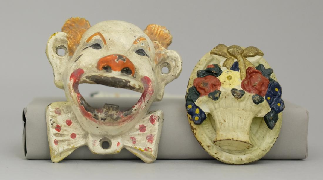 Clown Bottle Opener / Flower Basket Door Knocker: Made of Cast Iron. 4" - 4.25" Tall. Fine Condition.
