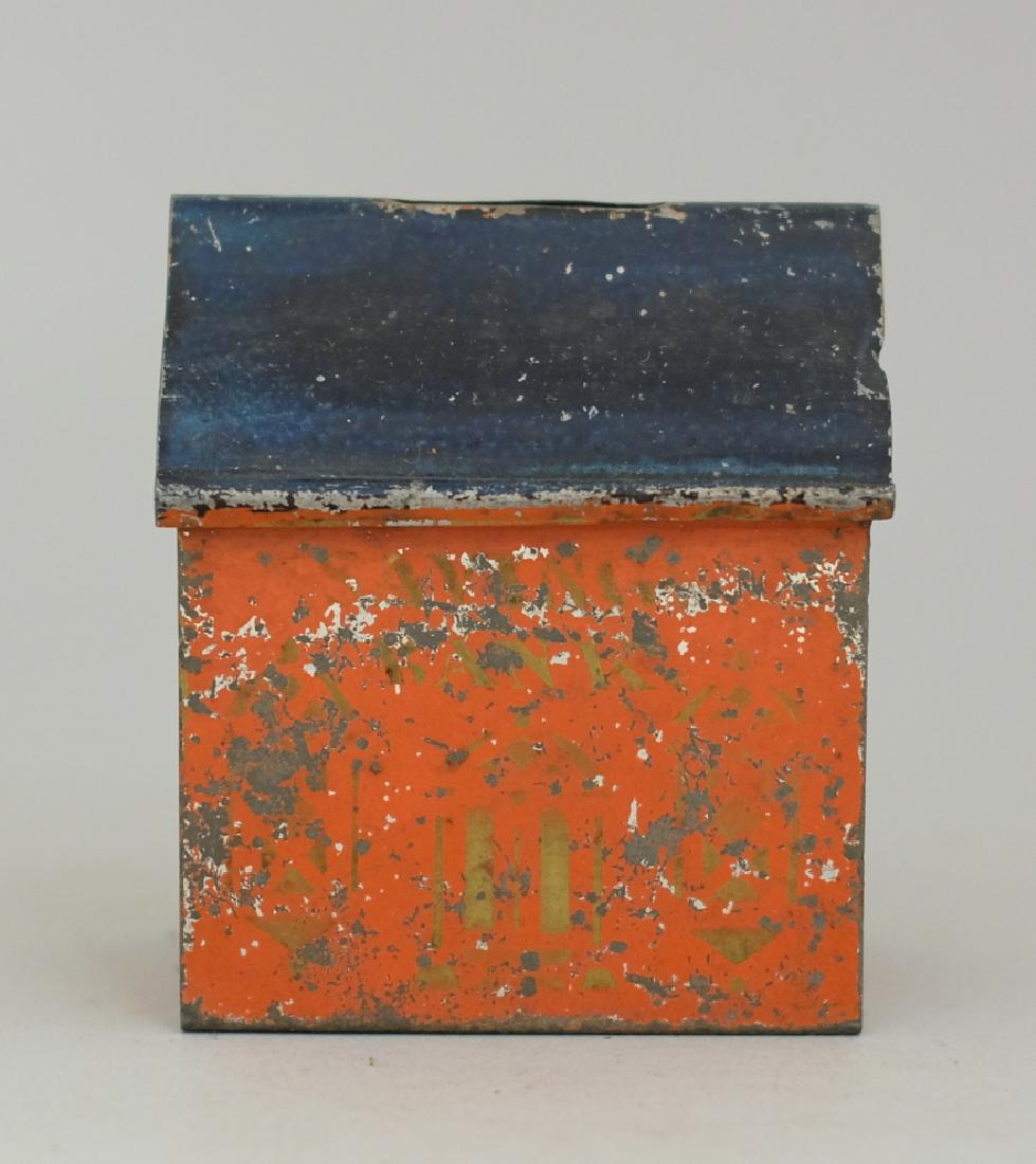 American Tin Savings Bank: Made in America circa 1890's. Made of Tin. Good Condition (Missing Chimney Slot).