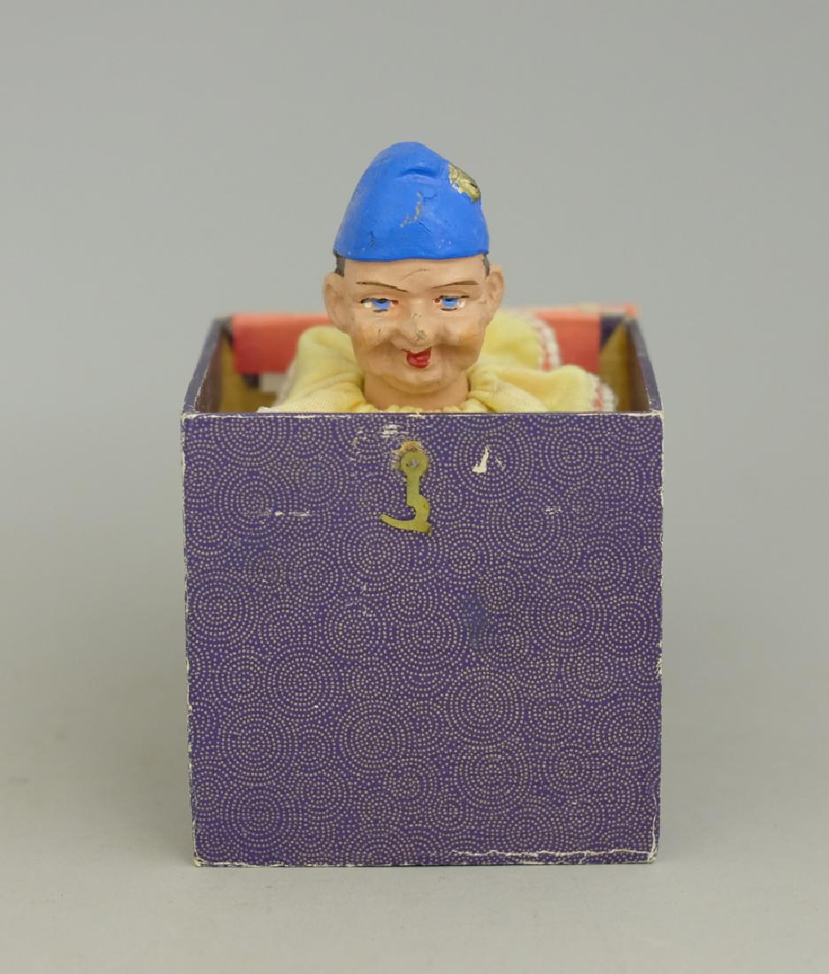 Harlequin Jack in the Box: Paper over Wood. 4" Tall (When Closed). Excellent Condition.