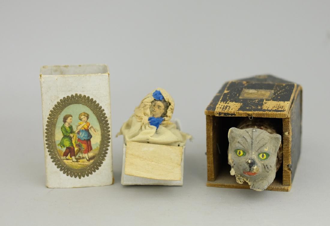 Woman / Cat Jack in the Boxes: Made of Cardboard, Fabric, Wood, Plaster. 4" - 5.5" Long. Fine Condition (Cat damage, door on cat box broken off but present).