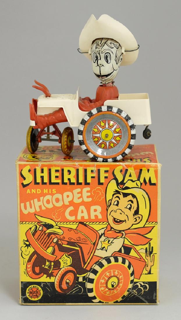 Sherriff Sam Whoopee Car: Made by Louis Marx Co. Made of Tin and Plastic. 5.5" Long.