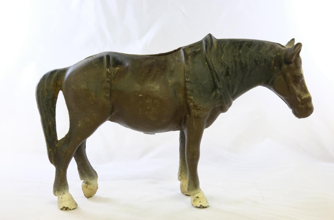 Horse Bank/Doorstop: Possibly Made by Hubley. 7" Tall x 10 1/2" Long. Made of Cast Iron. Fine Condition (Screws Replaced)