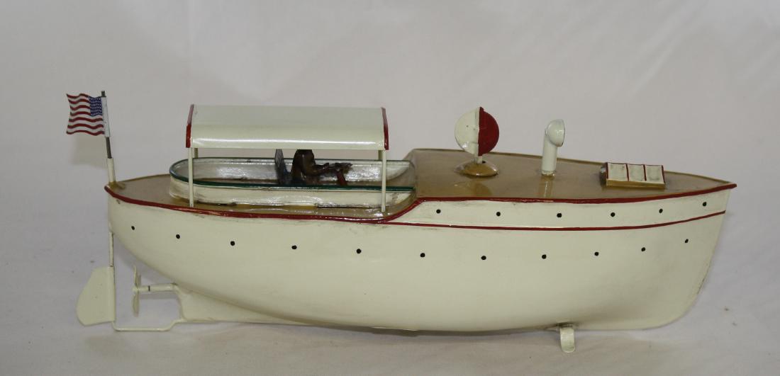 River Launch: Made by Falk. Made of Tin. 11" Long. Works well. Professionally Restored (Captain Original).
