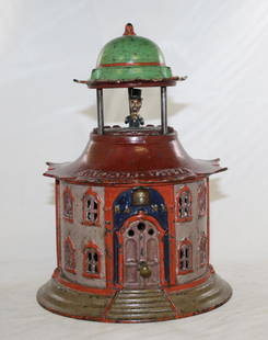 Cupola Cast Iron Mechanical Bank: Made by J. & E. Stevens Co. Made of Cast Iron. This is a scarce bank. This bank has been professionally restored (figure inside is original paint). It looks absolutely stunning.