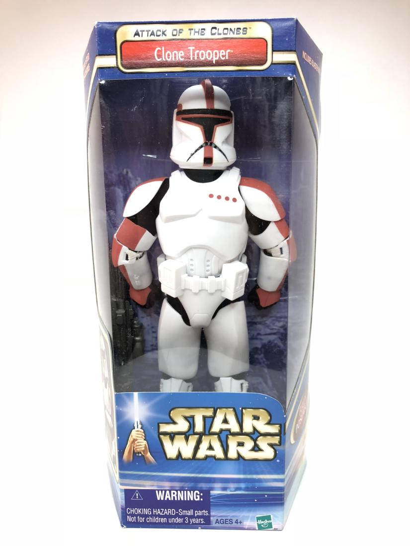 Star Wars Hasbro Clone Trooper: Made by Hasbro. Asst. 26777/26775. Made in China. Circa 2002. Measures 11 1/2 inches in height. Condition Figure Excellent. Condition Box Excellent.