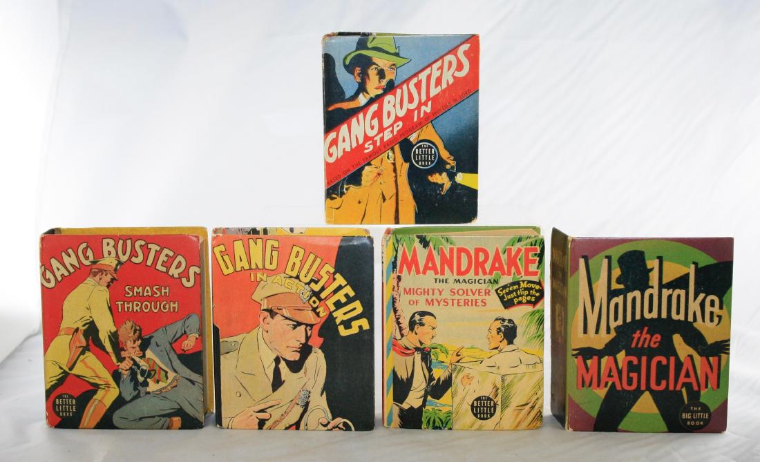 Five Better Little Books: Included: Gang Busters Step In, Gang Busters In Action, Gang Busters Smash Through, Mandrake the Magician and Mandrake Mighty Solver of Mysteries. Fine to Very Fine Condition.