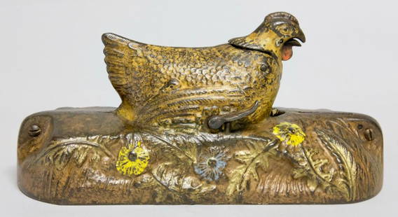 Cast Iron Hen & Chicks Mechanical Bank: Made by J. & E. Stevens Company circa 1900's. Move the lever and the chick under the hen will emerge depositing your coin. Made of Cast Iron. Fine Condition. Works well.