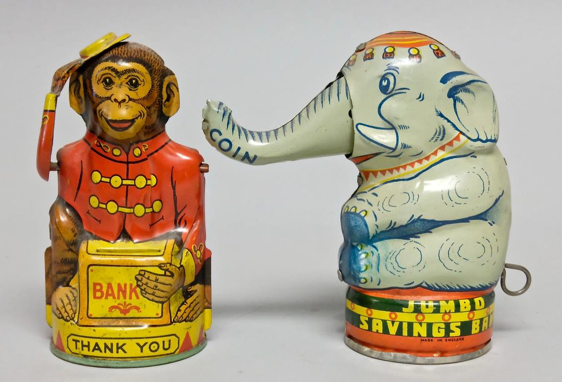 Monkey Tips Hat & Jumbo Savings Mechanical Banks (1 of 2)