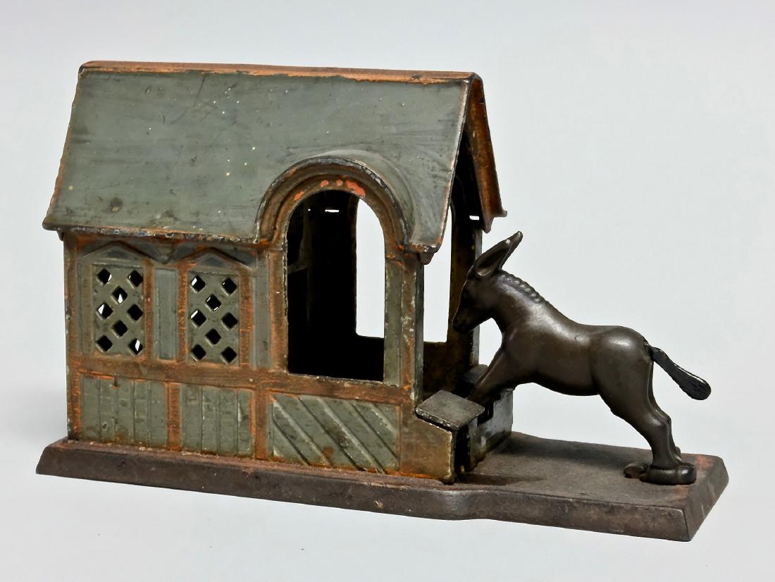 Cast Iron Mule Entering Barn Mechanical Bank (1 of 3)