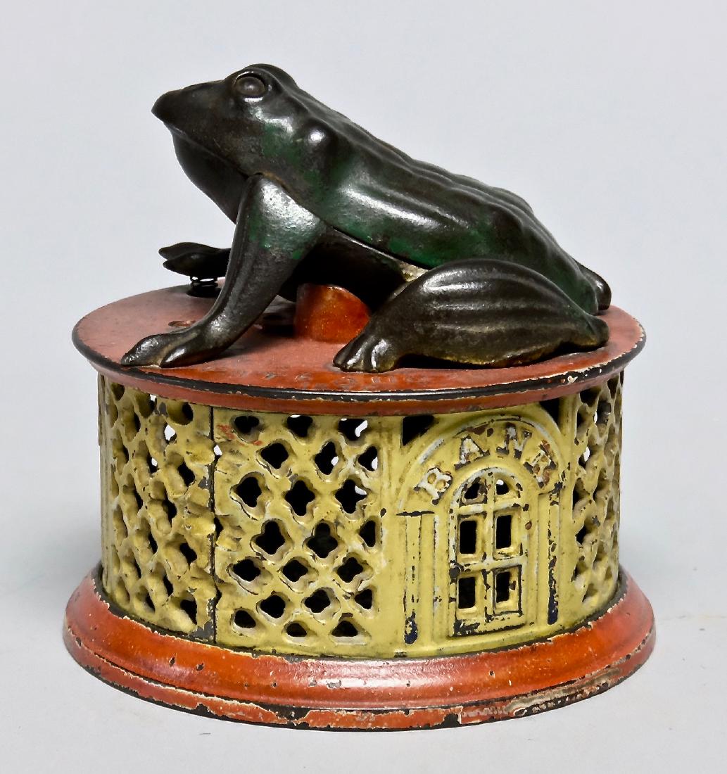 Cast Iron Frog on Lattice Mechanical Bank (1 of 3)