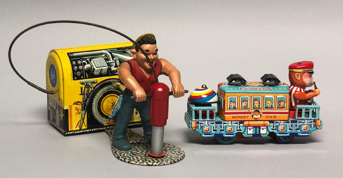 Gescha Jack Hammer & Monkey Car Express Tin Toys (1 of 2)
