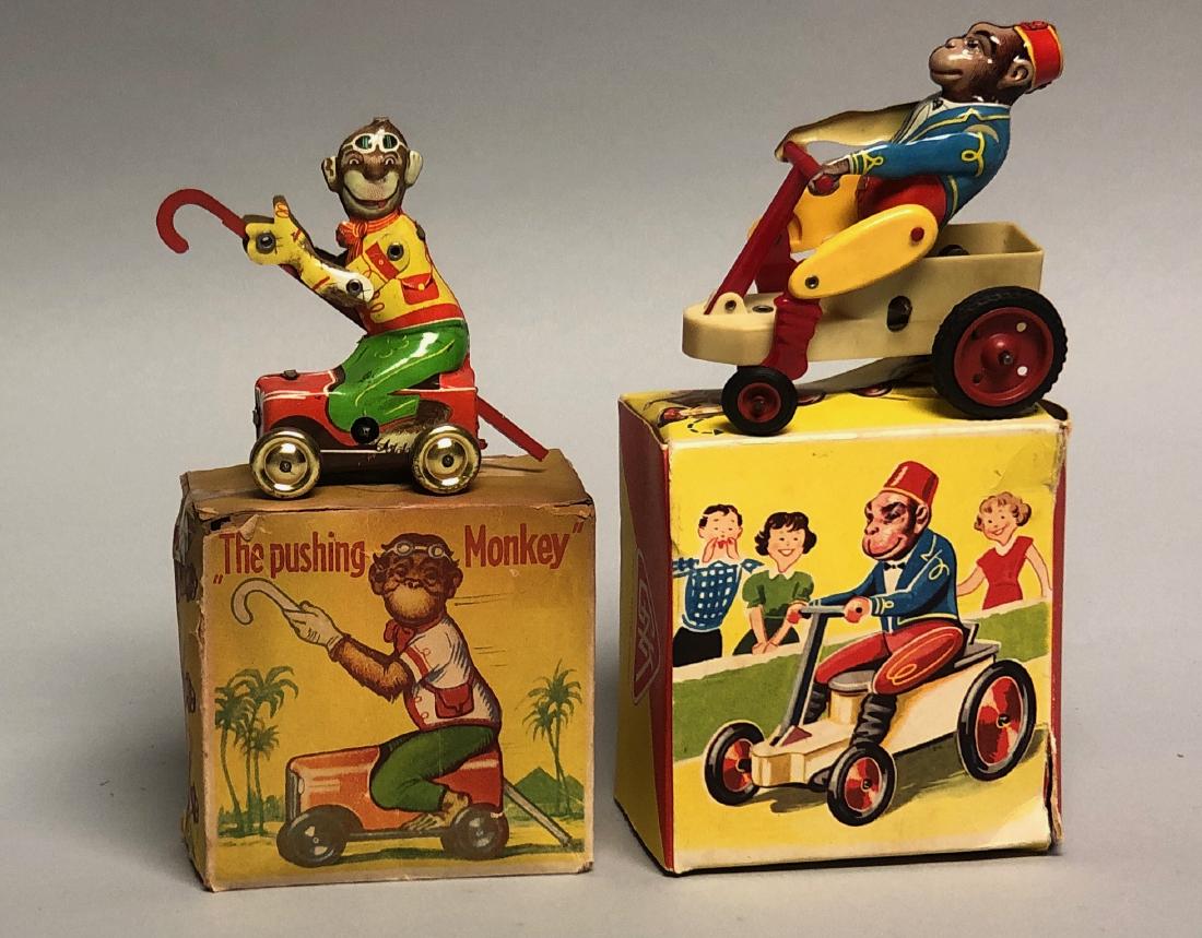 Tin Windup Pushing Monkey & Monkey on Kart (1 of 2)