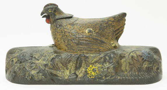 Hen & Chicks Cast Iron Mechanical Bank: Made by J. & E. Stevens Company Cromwell, Connecticut - Circa 1901. Place a coin in the slot in front of the hen. Raise the lever, the hen pecks, a baby chick comes out from under her and the coin is