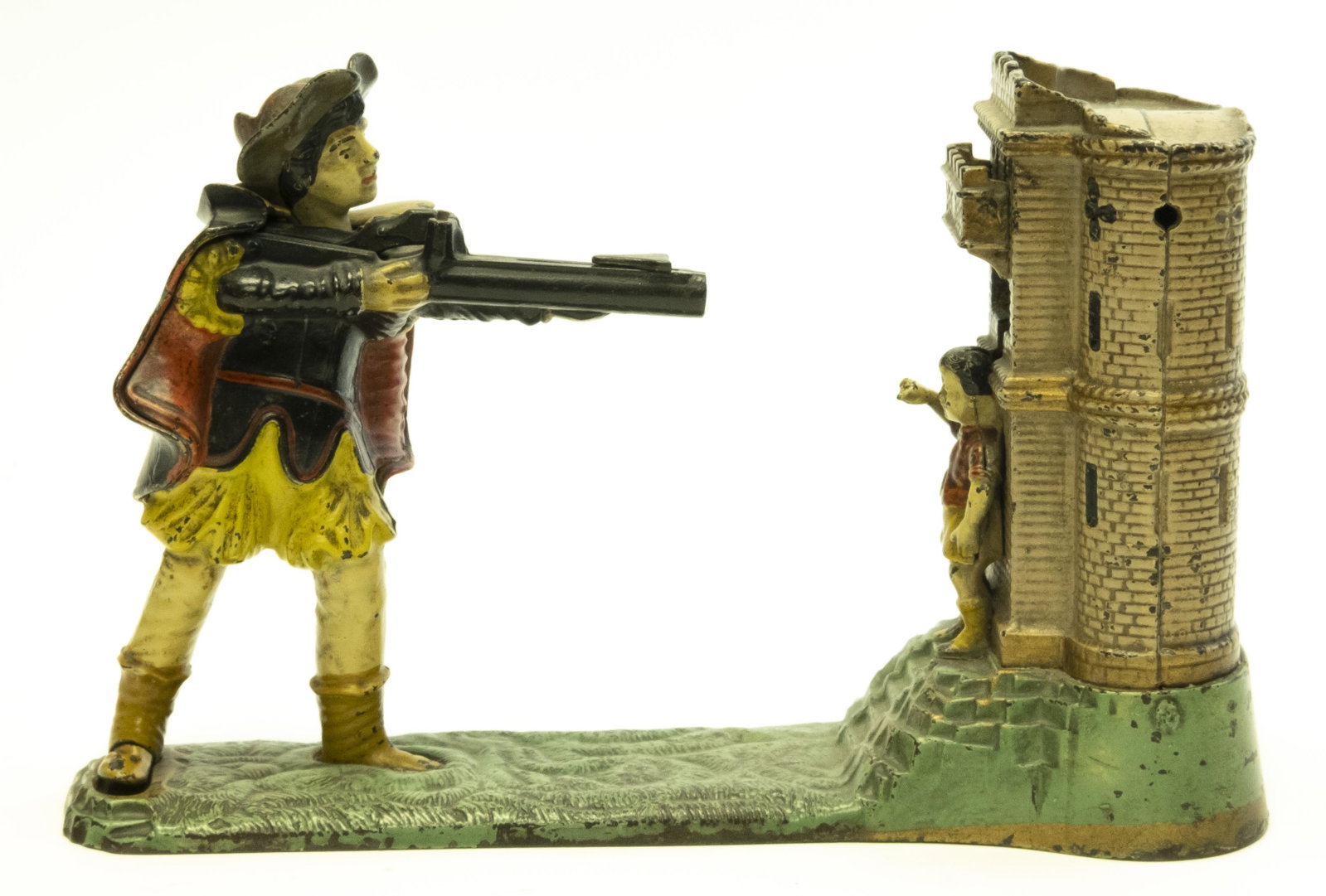 J. & E. Stevens William Tell Iron Bank: Made by J. & E. Stevens Company Cromwell, Connecticut - Circa 1896 Place a coin on the rifle and depress William’s right foot. The coin is shot into the castle, after knocking the apple off his son�