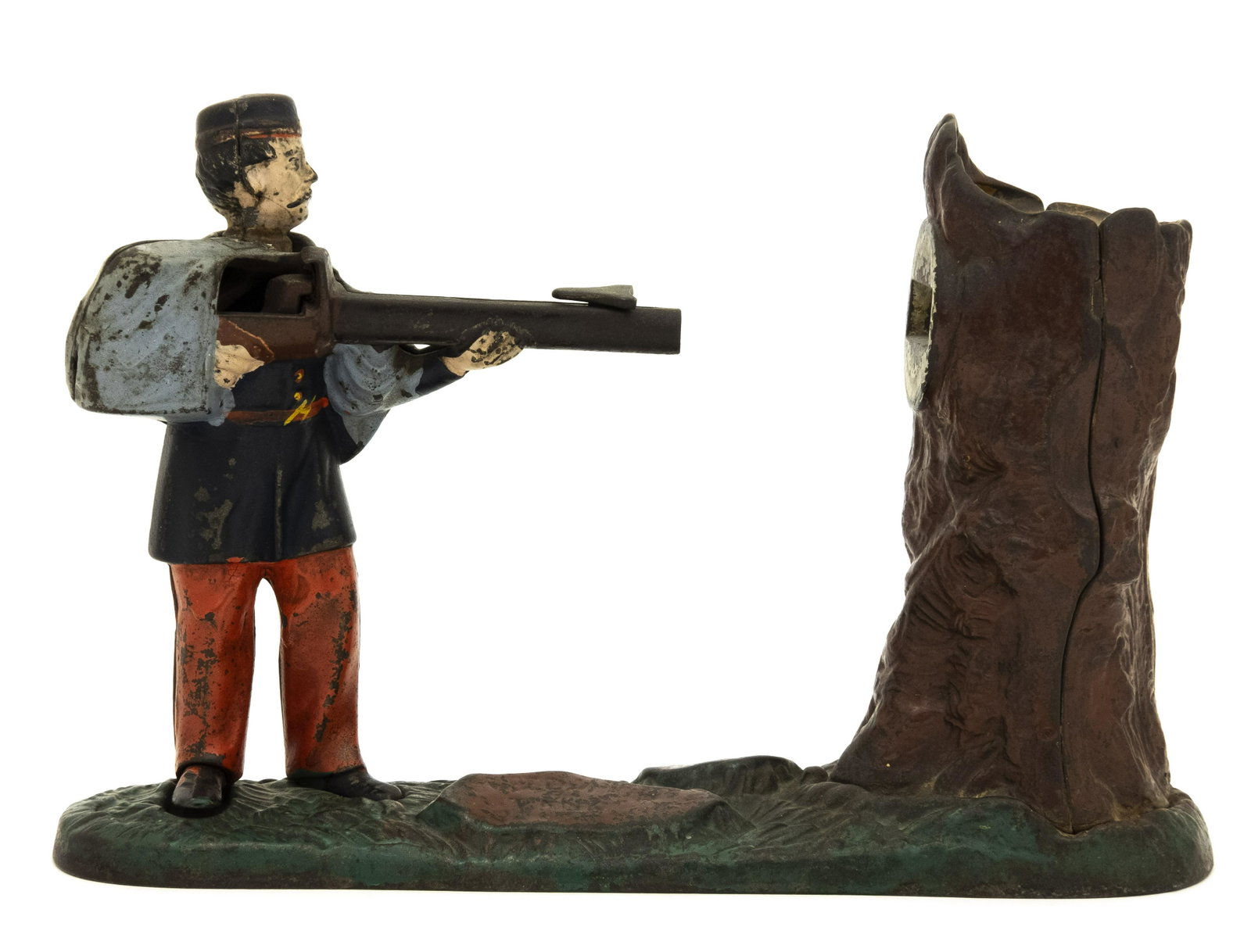Creedmoor Cast Iron Mechanical Bank: Made by J. & E. Stevens Company. Cromwell, Connecticut - Circa 1877. This is a classic coin-shooting bank. Made of Cast Iron. Very Good Condition.