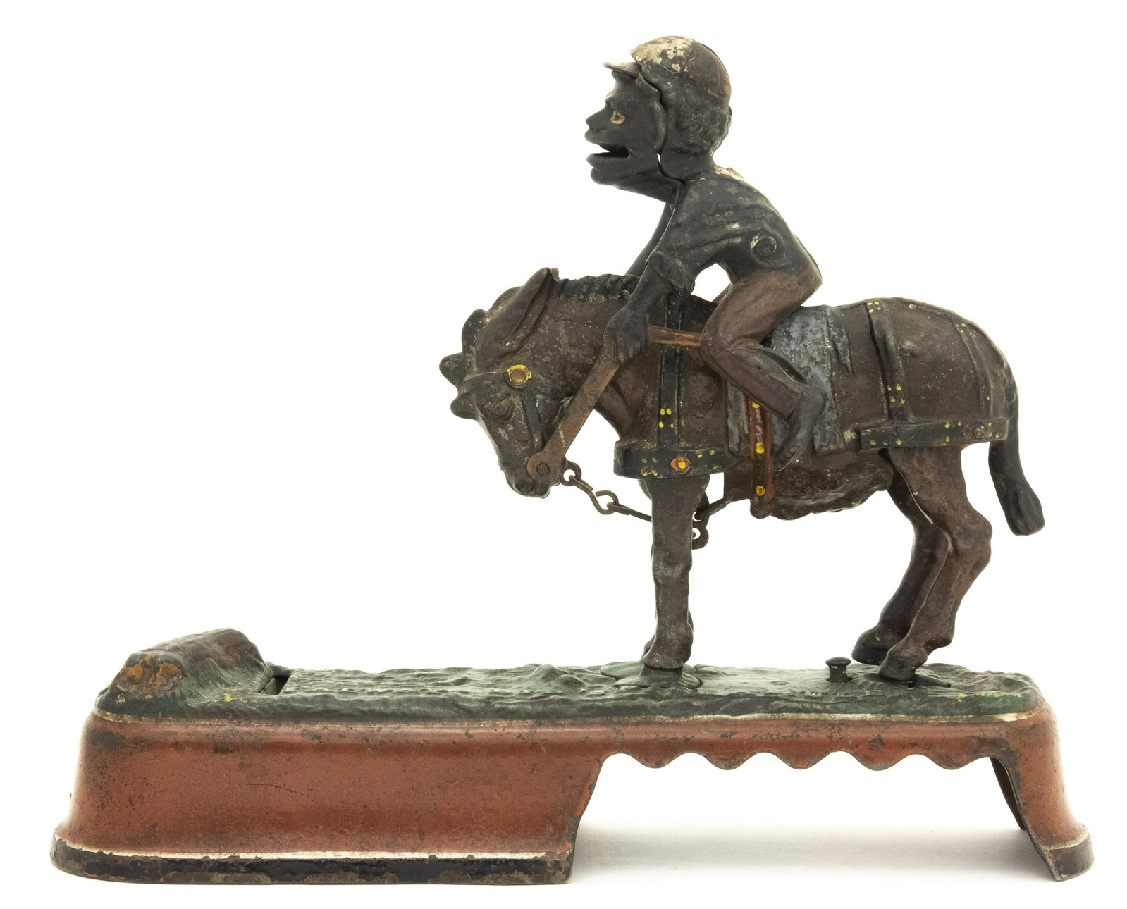 I Always did Spise a Mule, Jockey Iron Bank: J. & E. Stevens Company Cromwell, Connecticut - Circa 1895. Place a coin in the Jockey’s mouth. Press the lever and the mule throws the jockey. The coin is deposited to the tree stump. Made of Cast 
