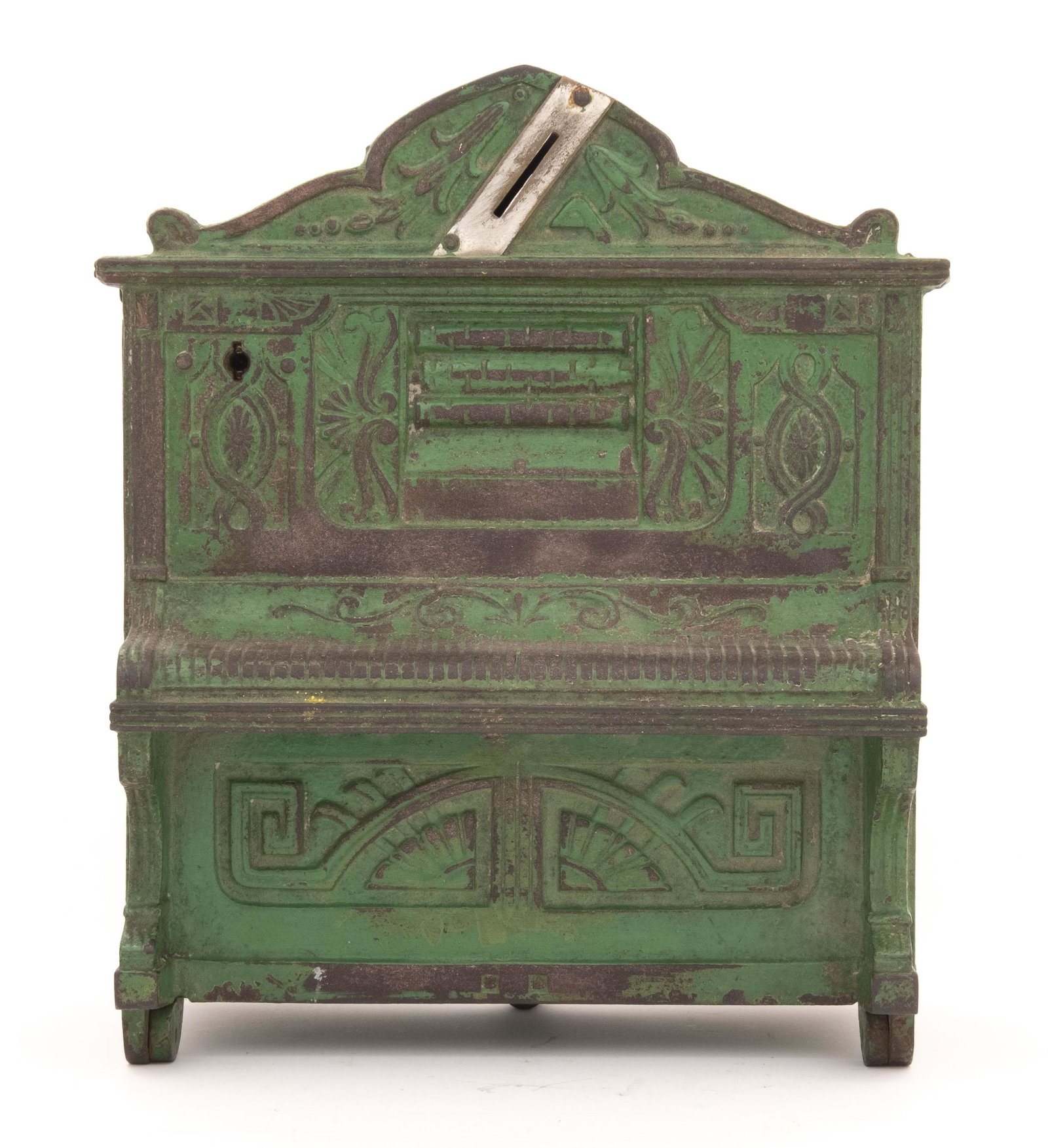 Piano Musical Iron Bank: Probably England - Circa 1900. The bank has a music box mechanism and functions when a British penny is deposited into the coin slot. Made of Cast Iron. Fine Condition. We do not have a British penny 