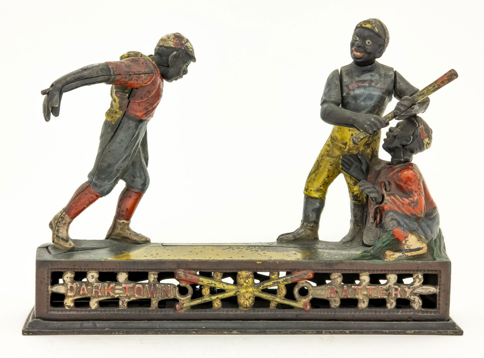 Darktown Battery Iron Mechanical Bank: Made by the J. & E. Stevens Company Cromwell, Connecticut - Circa 1888. Place a coin in the pitcher’s hand and press the lever. He pitches the coin and the batter swings, but the coin sails so quick