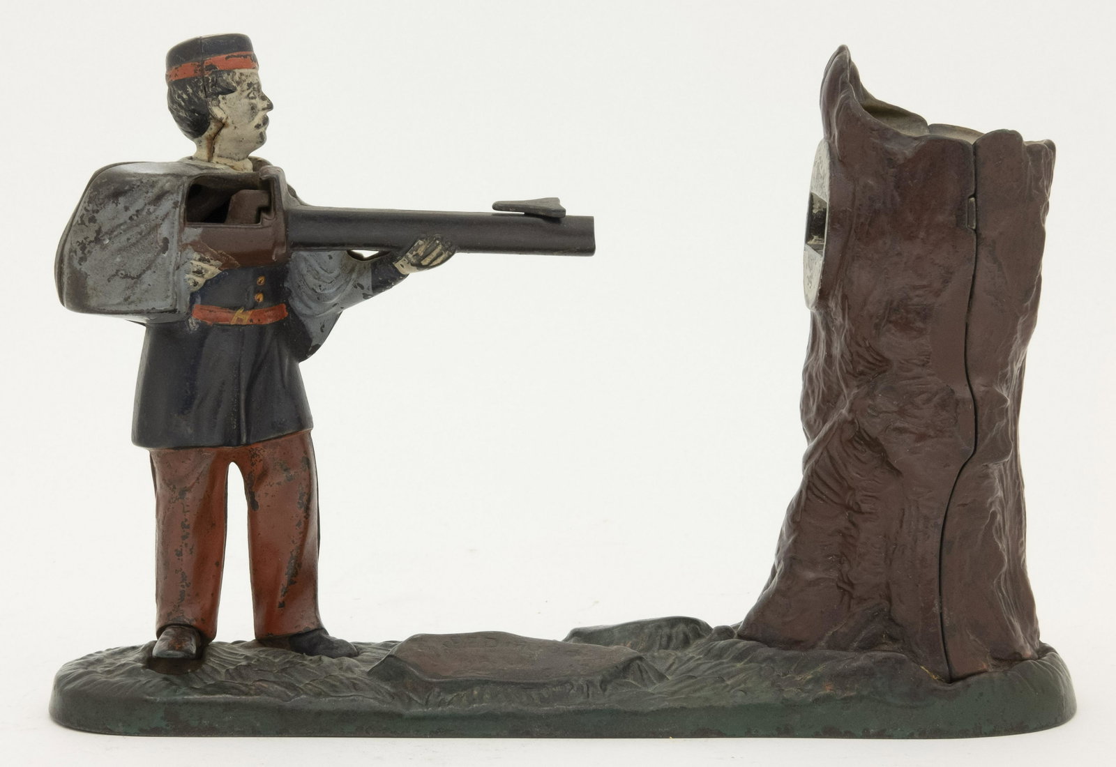 Creedmoor Cast Iron Mechanical Bank: Made by J. & E. Stevens Company. Cromwell, Connecticut - Circa 1877. This is a classic coin-shooting bank. Made of Cast Iron. Fine Condition.