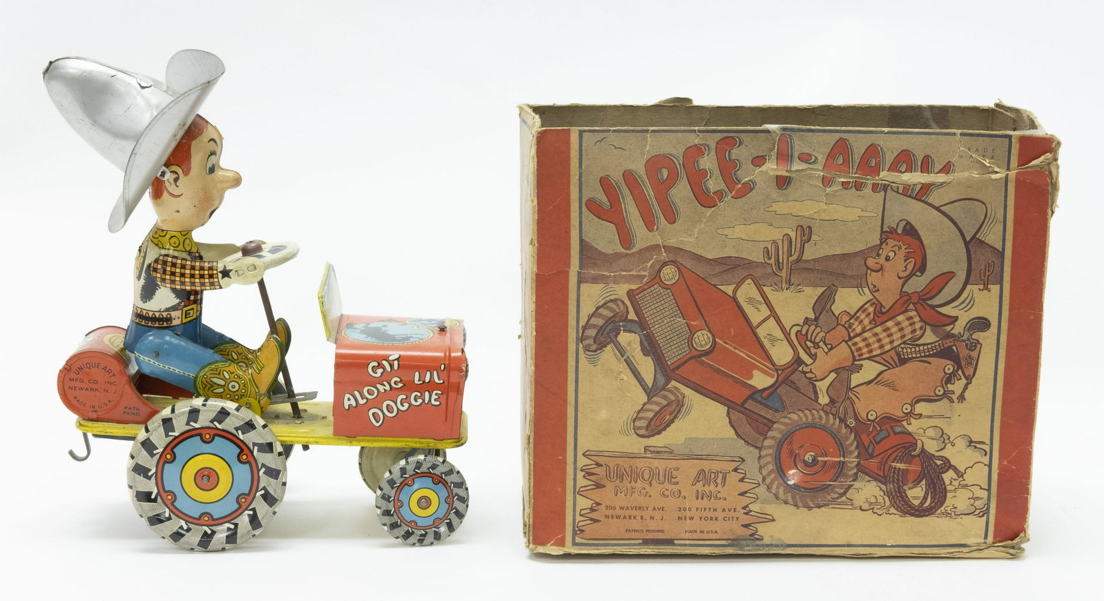 Unique Art Rodeo Joe Tin Windup Toy: Made by Unique Art. 7" L x 9" T. Made of Tin. Worked when tested. Pristine with Original Box. Box with tears, missing top.