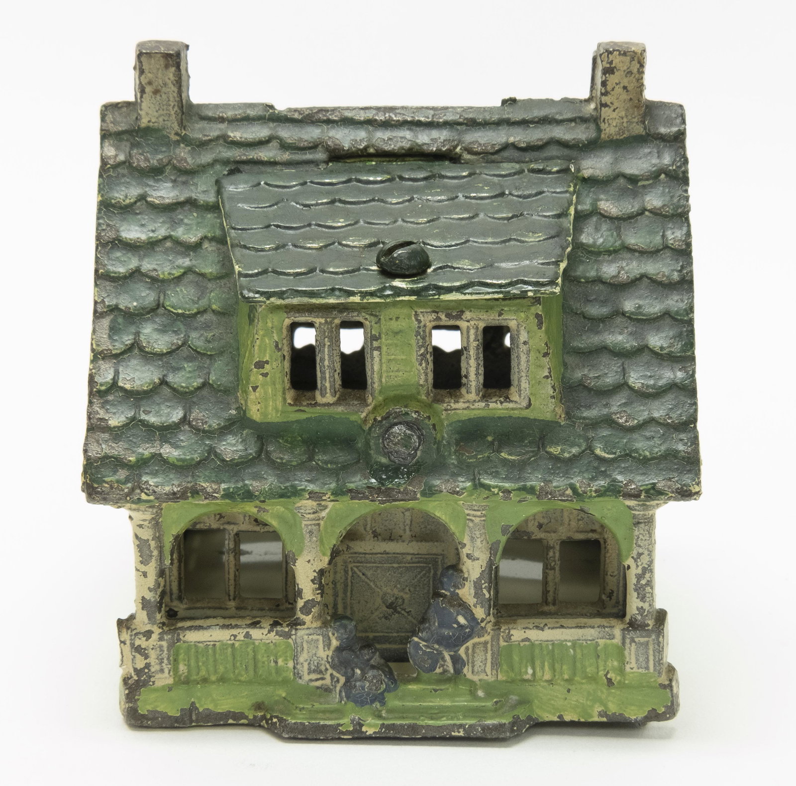 Bungalow Cast Iron Building Bank: Made by Grey Iron Casting Co. circa 1920's. Made of Cast Iron and Tin. Very Fine Condition.