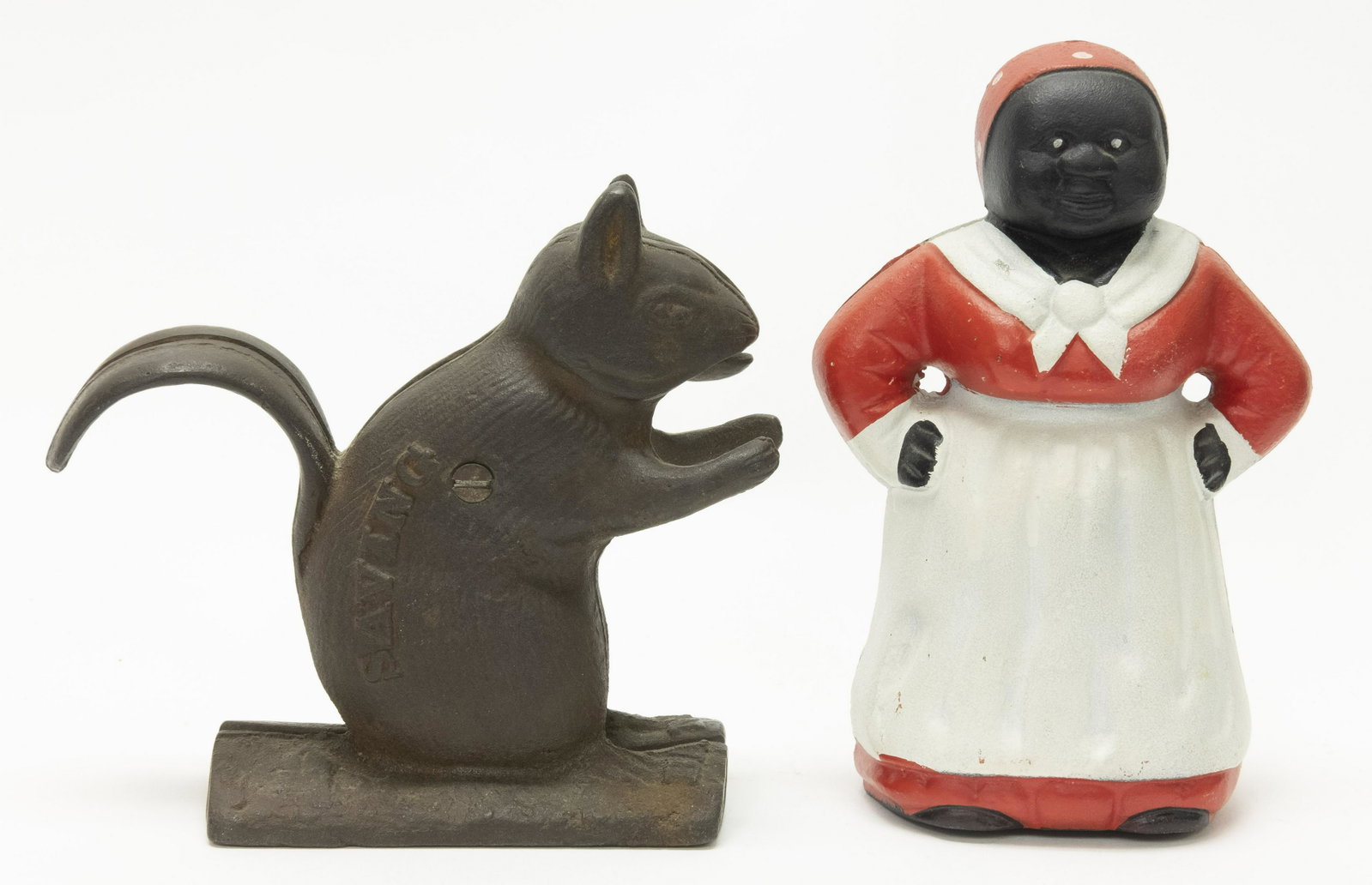 Squirrel Savings & Mammy Cast Iron Banks: Two Modern Banks. Made of Cast Iron. Very Fine Condition.