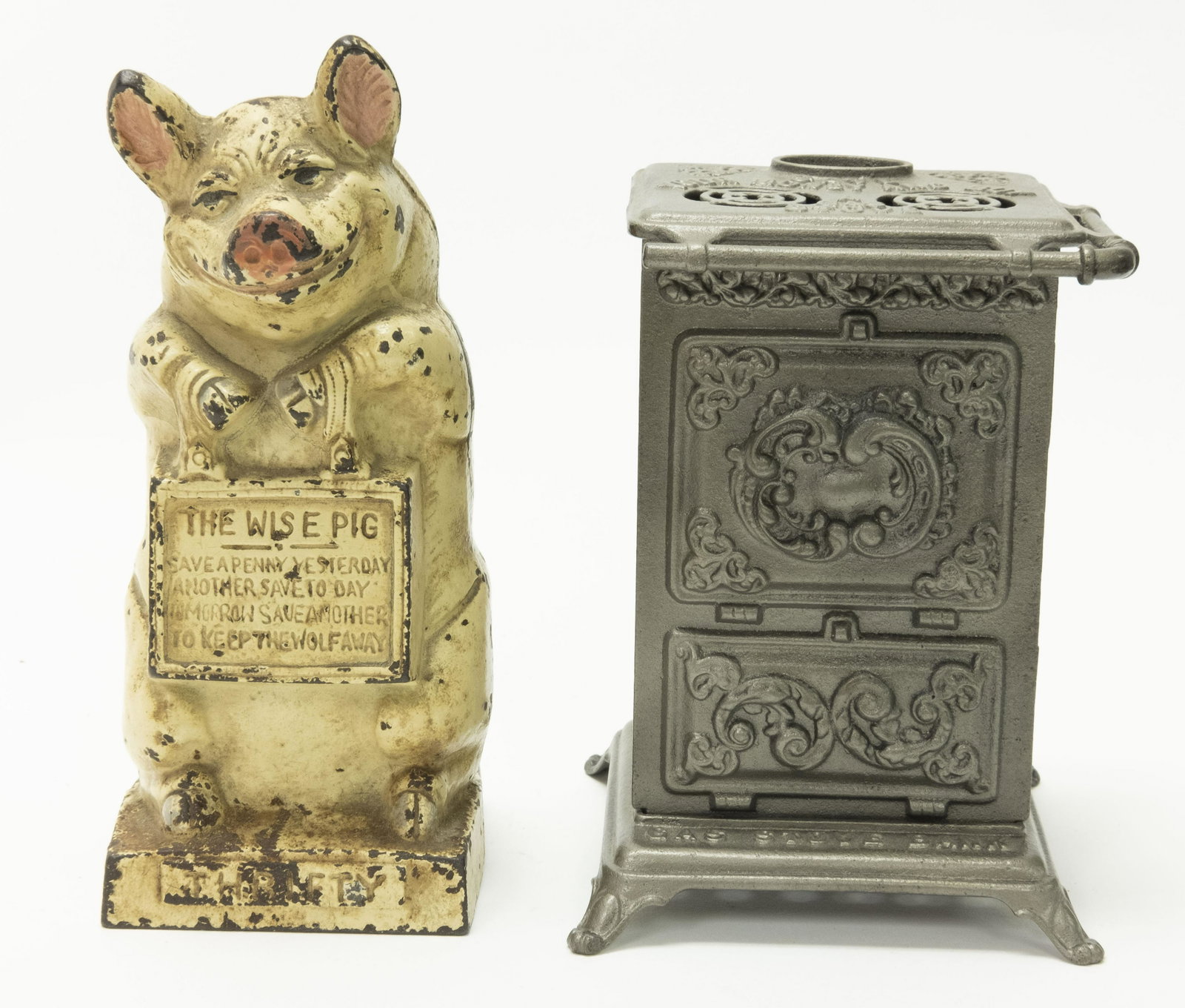 Be Wise Pig & Gas Stove Iron Still Banks: Included: Be Wise Pig by Hubley circa 1930's and Gas Stove Bank, American 1900's. Made of Cast Iron. Fine to Excellent Condition.