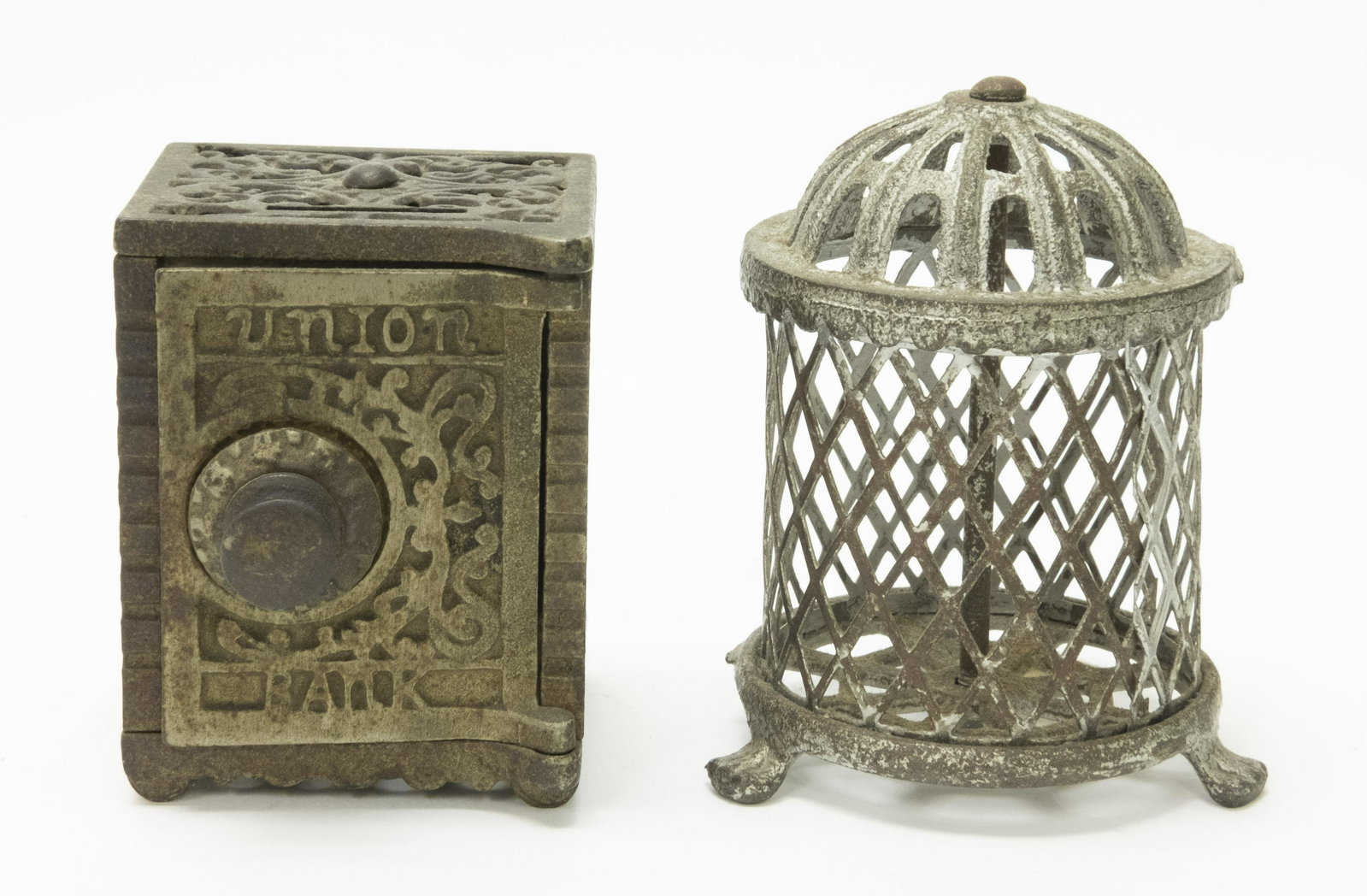 Union & Cylinder w/ Wire Mesh Iron Banks: Included: Union Safe (3 1/4" T) by Kenton Hardware and Bird Cage Bank (3 7/8" T) by Arcade. Made of Cast Iron. Very Good to Fine Condition.