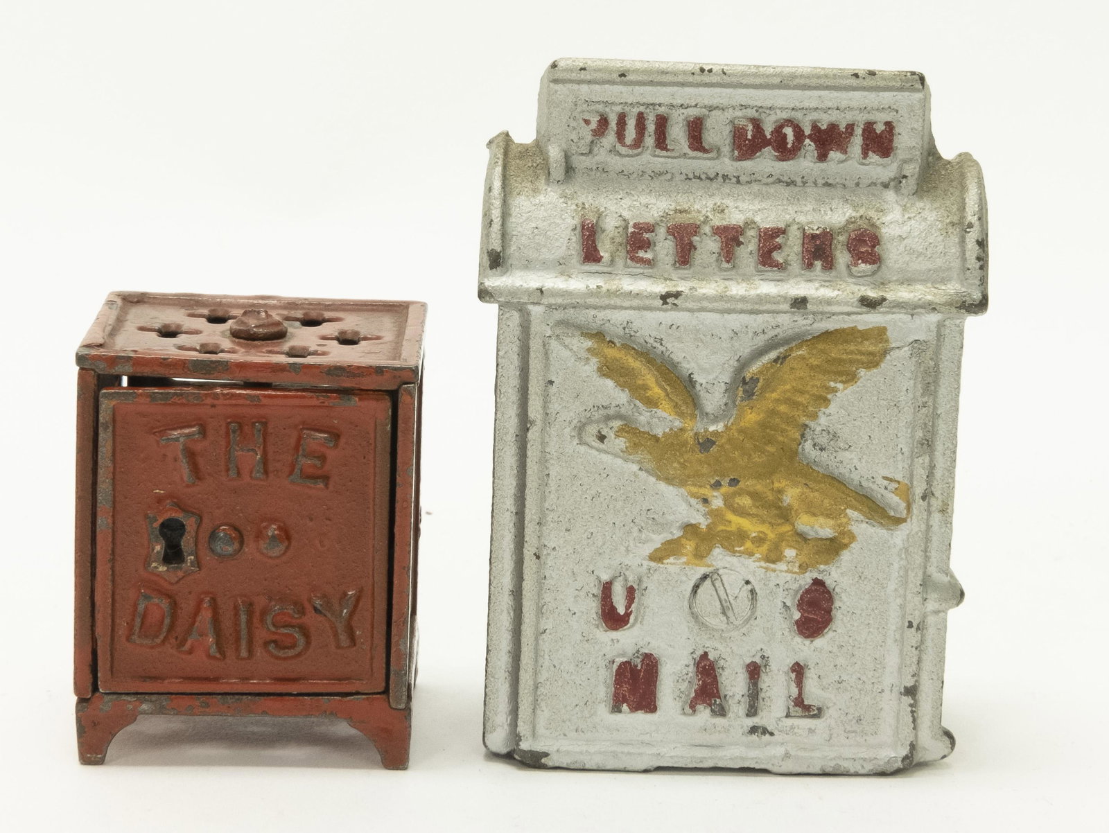 Daisy Safe & Mailbox Cast Iron Banks: Included: Daisy Safe by Kyser & Rex circa 1880's and Mailbox by Kenton circa 1930's. Made of Cast Iron. Very Fine to Excellent Condition.