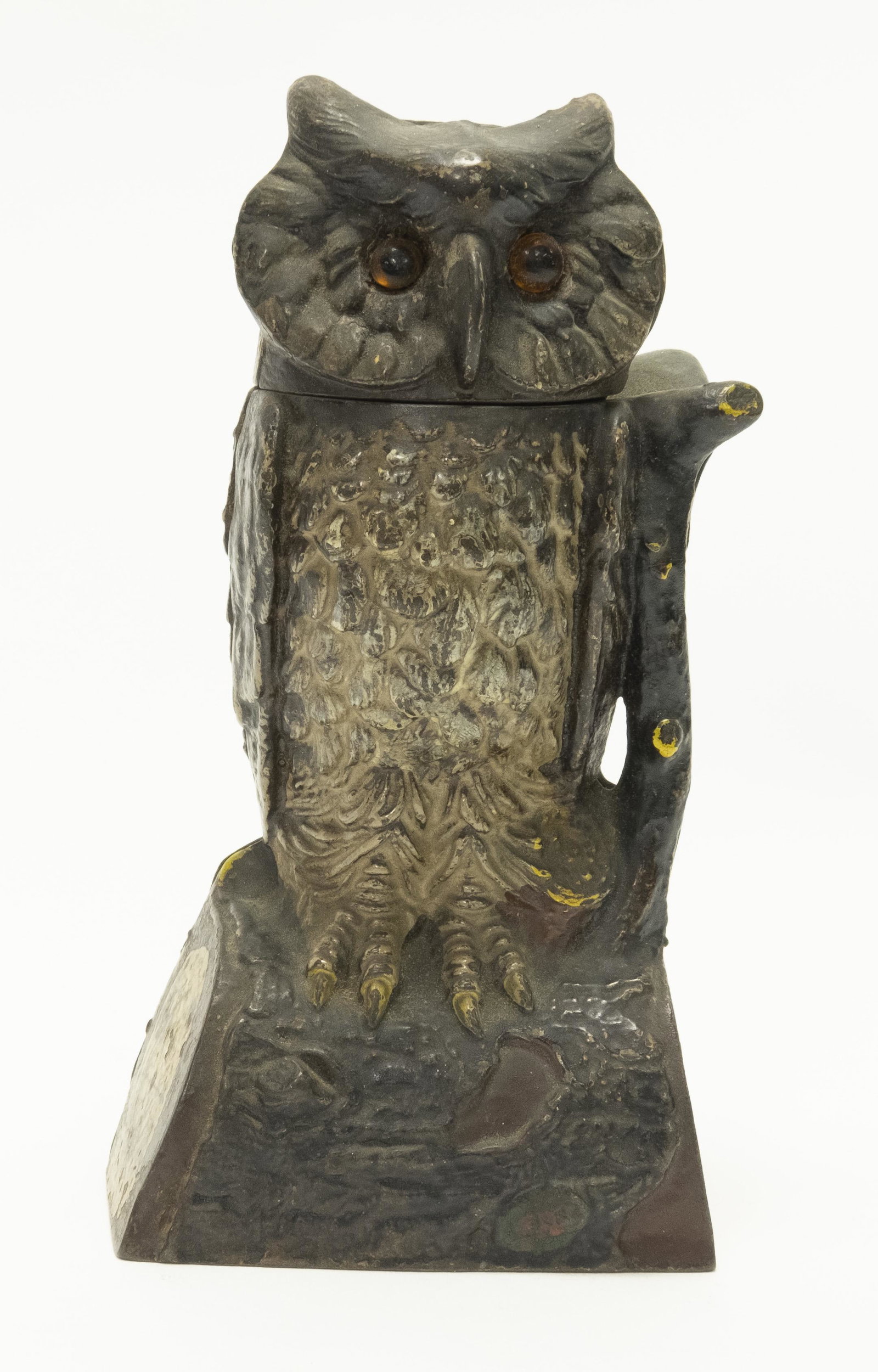 J. & E. Stevens Owl Turns Head Iron Bank: Made by J. & E. Stevens of Connecticut circa 1880's. Made of Cast Iron / Glass Eyes. Fine Condition. No Round Coin Trap.