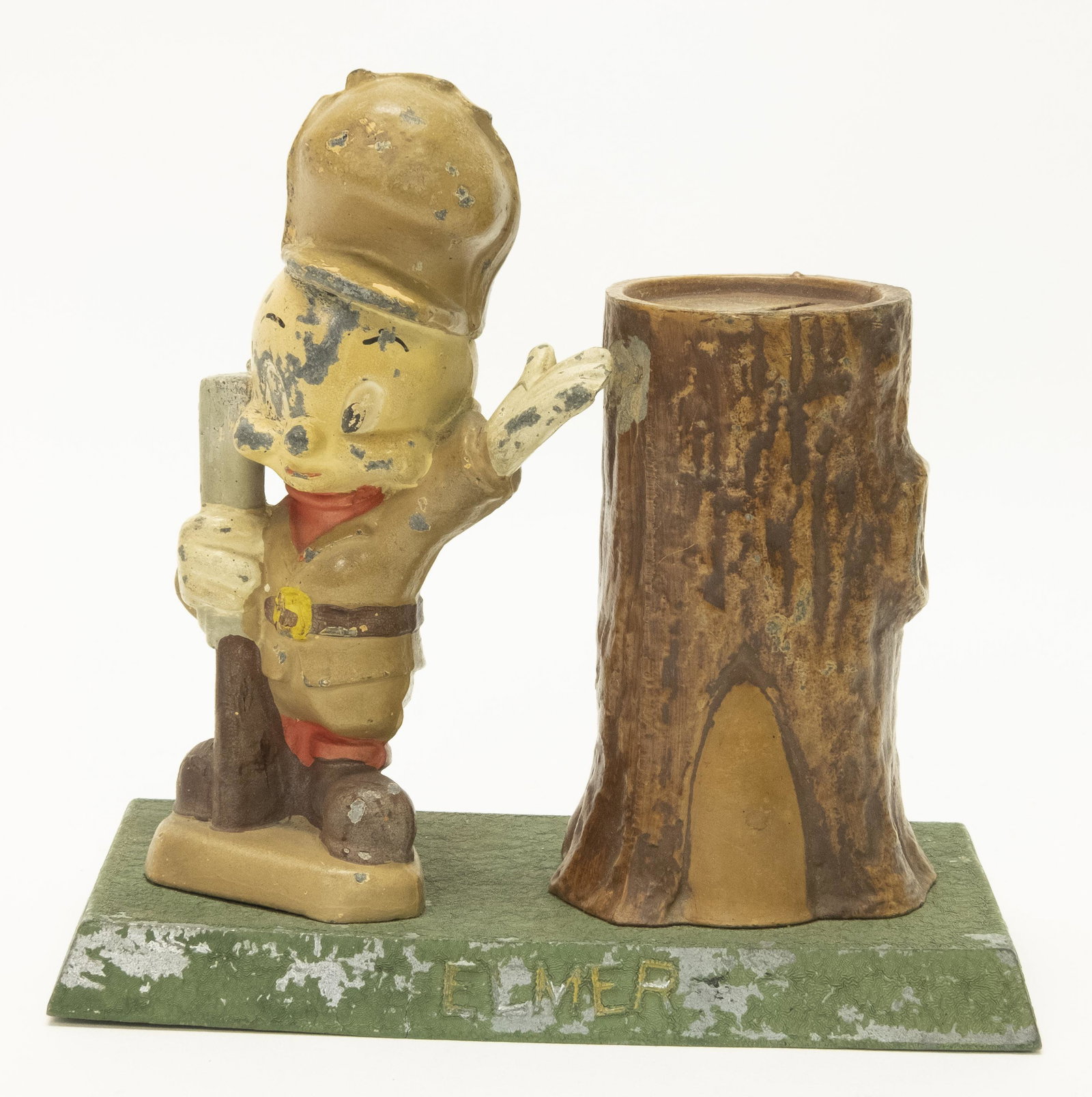 Elmer by Barrel Still Bank: Made by Metal Moss Mfg. Co. circa 1940's. 5.5" T. Made of White Metal. Good Condition. Missing coin trap.