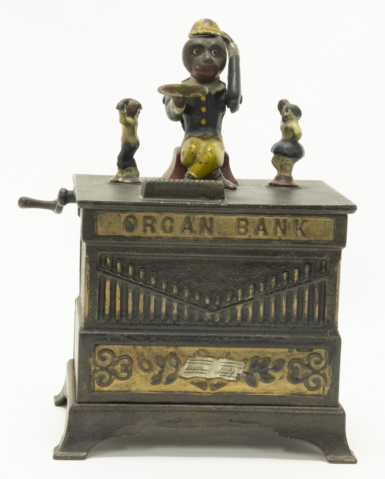 Organ with Boy and Girl Cast Iron Bank: Made by Kyser & Rex Co. Circa 1882. The monkey doffs his hat in thanks for the penny you have given him. The boy and girl rotate and the bells chime when the crank is turned. Made of Cast Iron. Very F