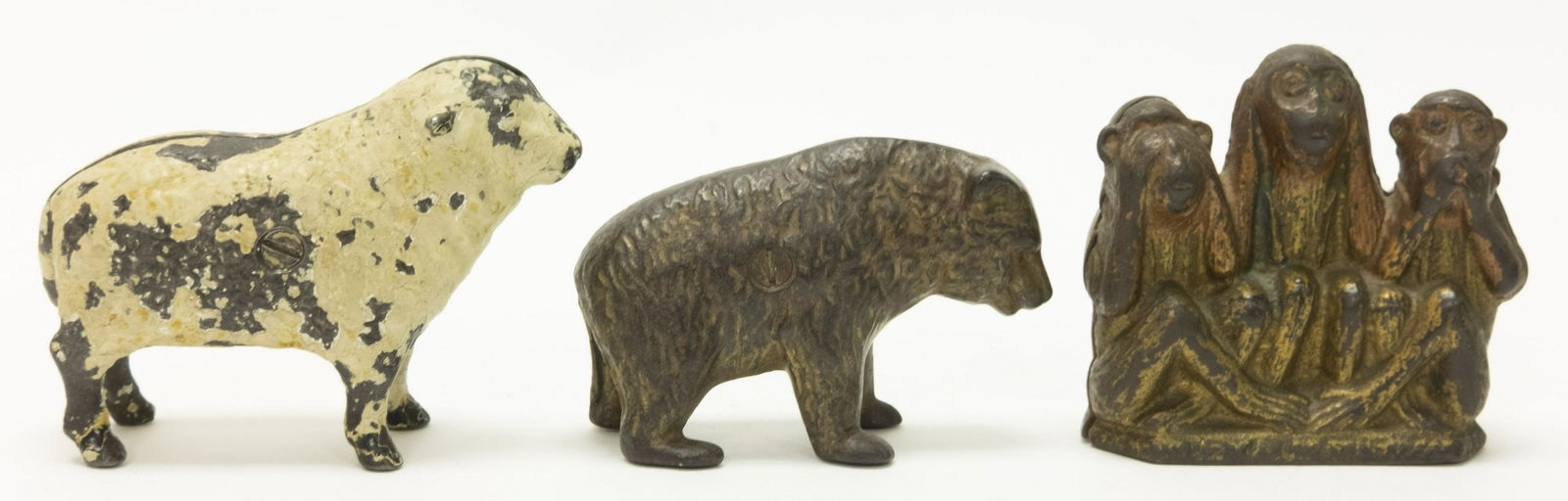 "Teddy" Bear, Lamb & 3 Wise Monkeys Iron Banks (1 of 2)