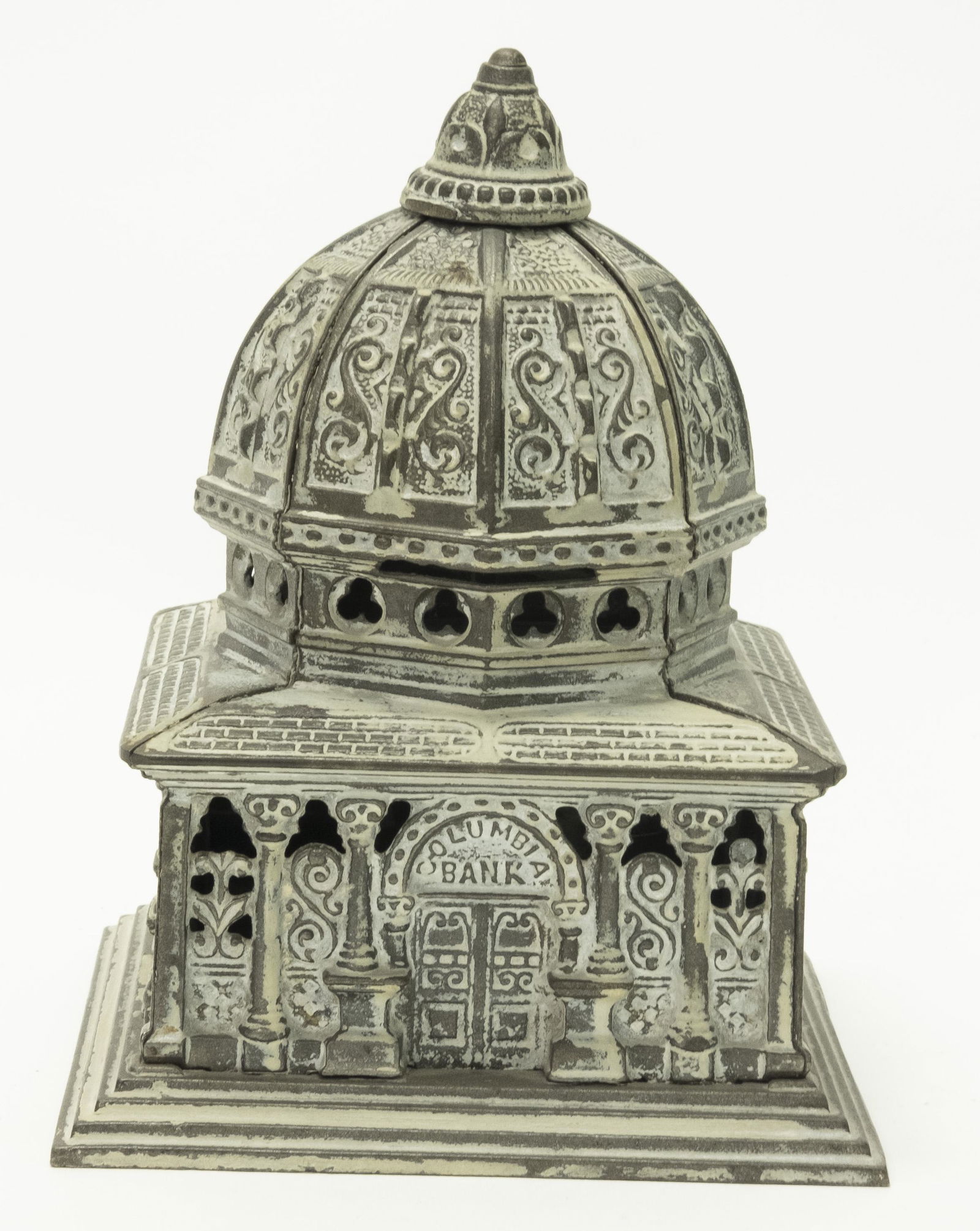 Columbia Cast Iron Still Bank: Made by Kenton Hardware circa 1890's. 7 1/4" T. Made of Cast Iron. Good Condition.