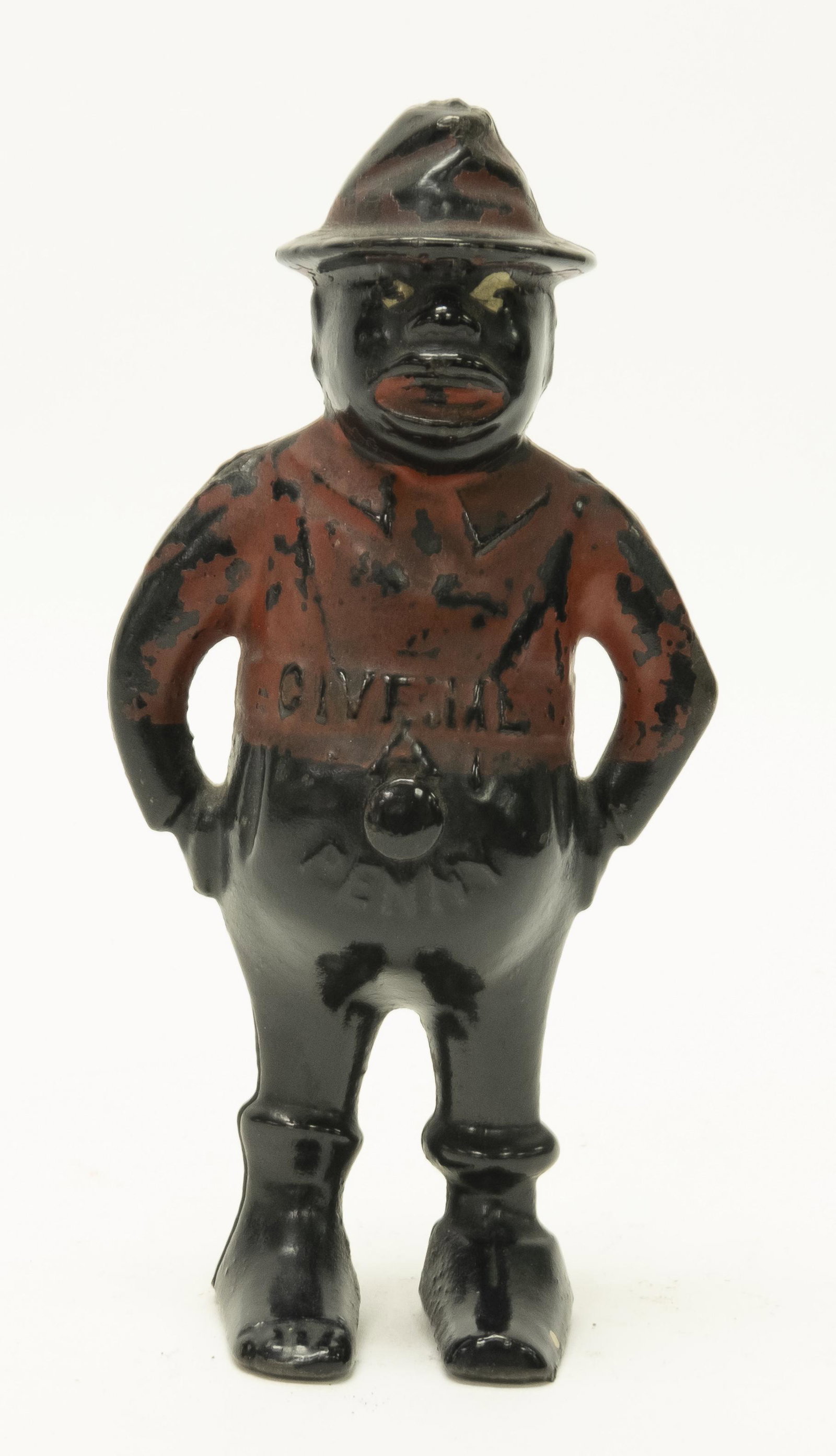 Give Me a Penny Cast Iron Still Bank: Made by Hubley. Made of Cast Iron. 5 1/2" Tall. Fine Condition. Replaced Twist Pin.