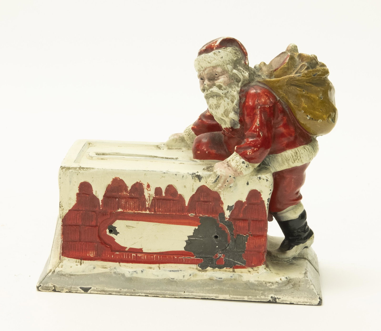 Santa at Chimney Still Bank: Made in America circa 1930's. Made of Pot Metal. 4" T x 4 3/8" W. Excellent Condition.