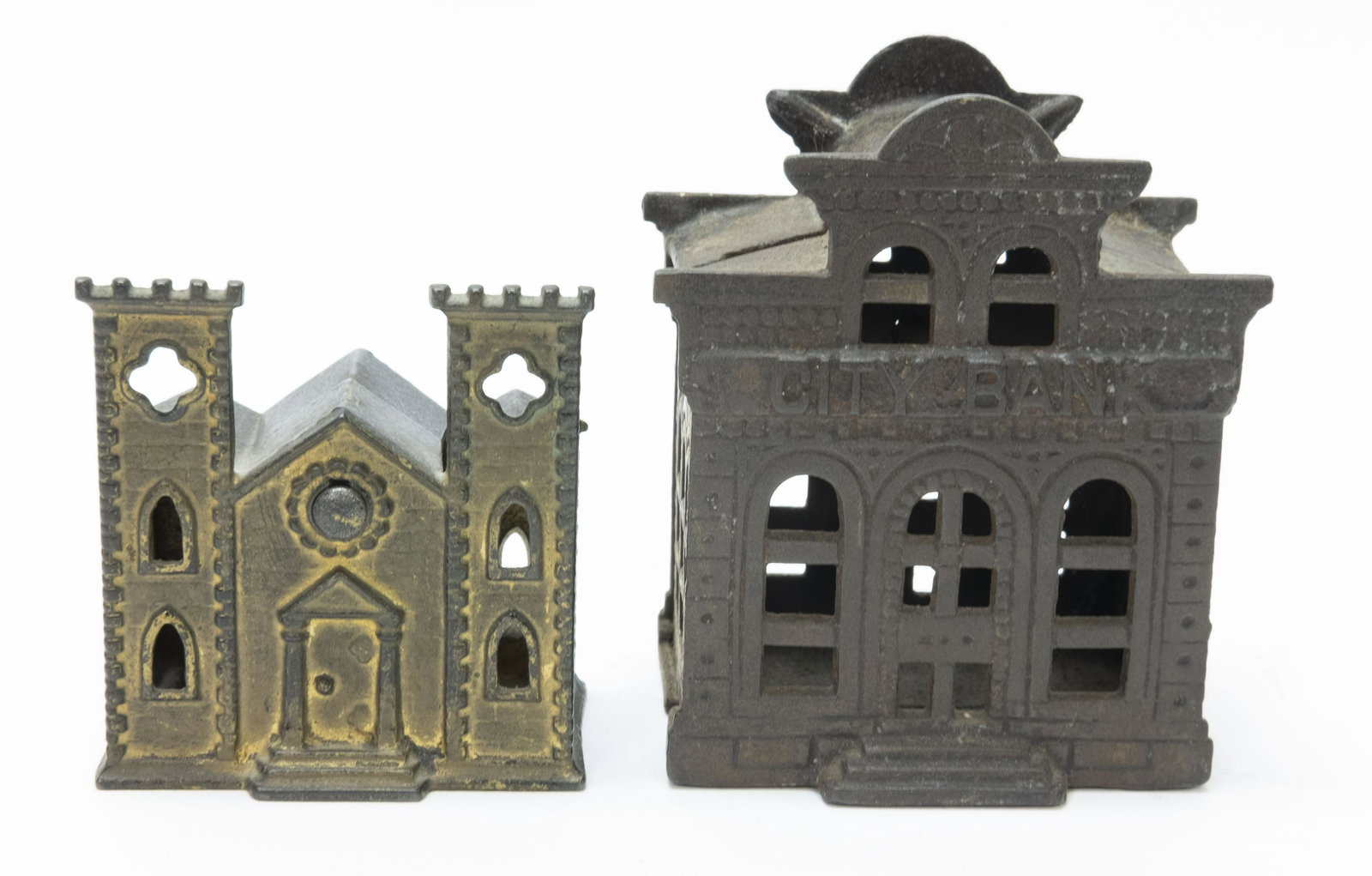 Castle & City Bank w/ Directors Room Iron Banks: Includes: Castle by Kyser & Rex . and City Bank with Directors Room by John Harper of England. 3" - 4" T. Made of Cast Iron. Fair to Very Good Condition. City Bank with 1/8" crack in right side panel.