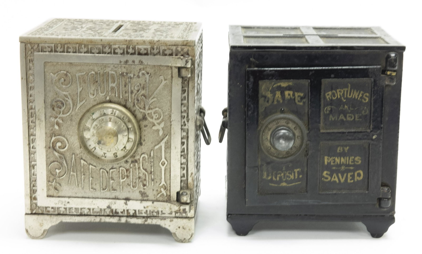 Security Safe Deposit and Safe Deposit Banks: Security Safe Deposit by Kyser & Rex circa 1880's. Safe Deposit by Henry Hart circa 1880's. Made of Cast Iron. 5 1/4" 5 3/8" T. Fine to Excellent Condition. Safe Deposit missing locking mechanism and 