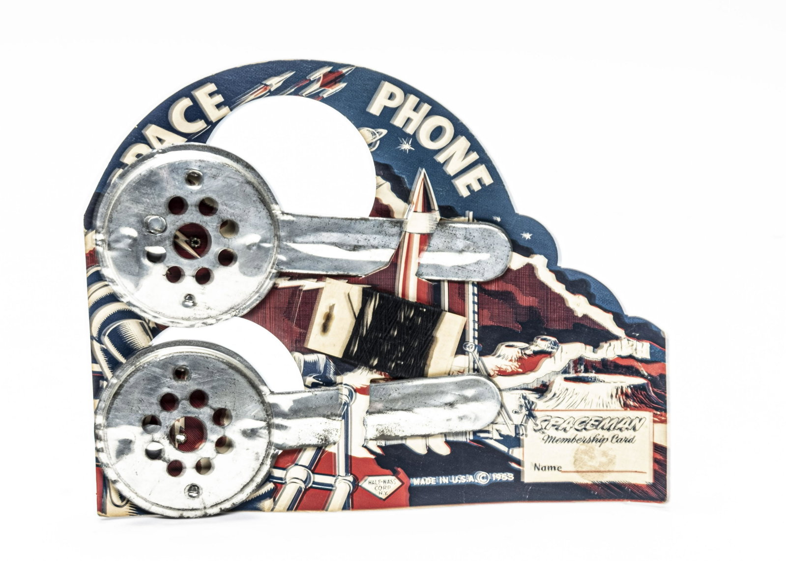 Hale-Nass Space Phone in Original Packaging: Made by Hale-Nass. Made of Tin in Original Cardboard Packaging. Excellent Condition.