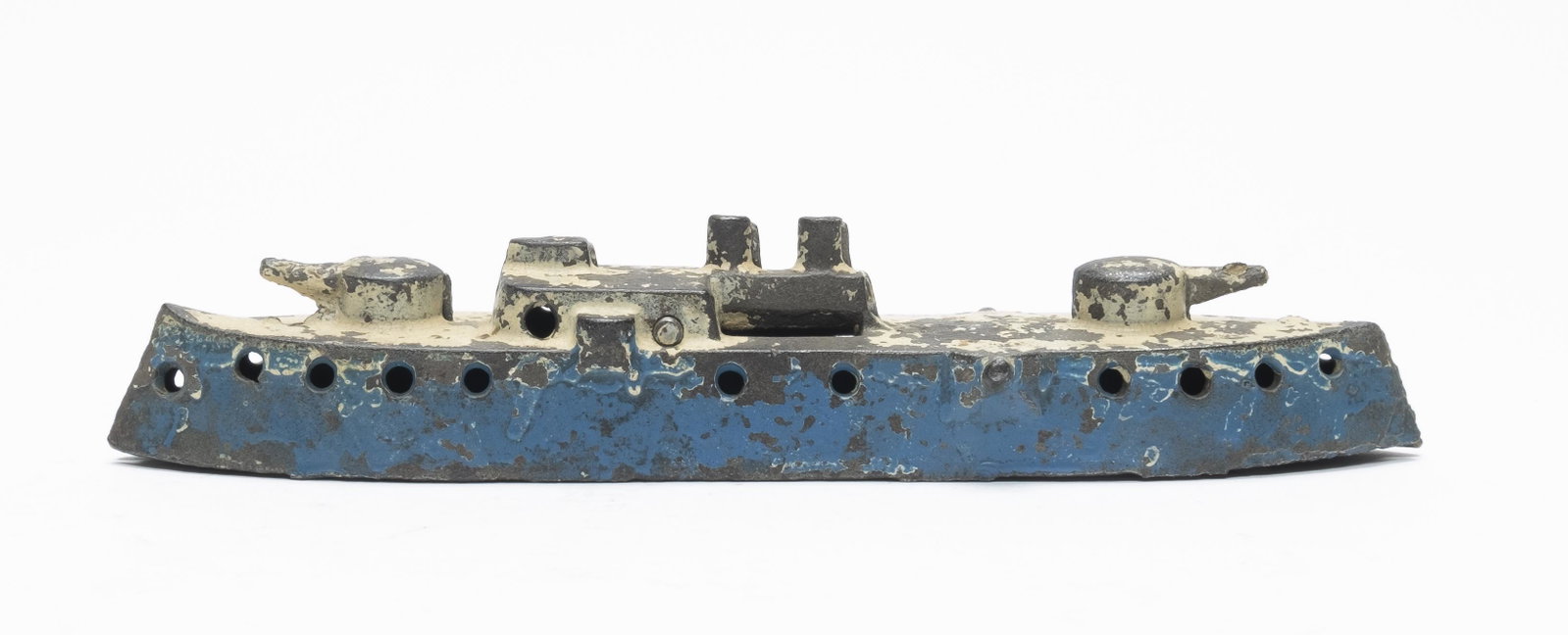 Gun Boat without Masts Blue and White: Probably made by Kenton Hardware. This is a hard to come by bank. 8 1/2" Long. Made of Cast Iron. Fine Condition. Replaced Screw.