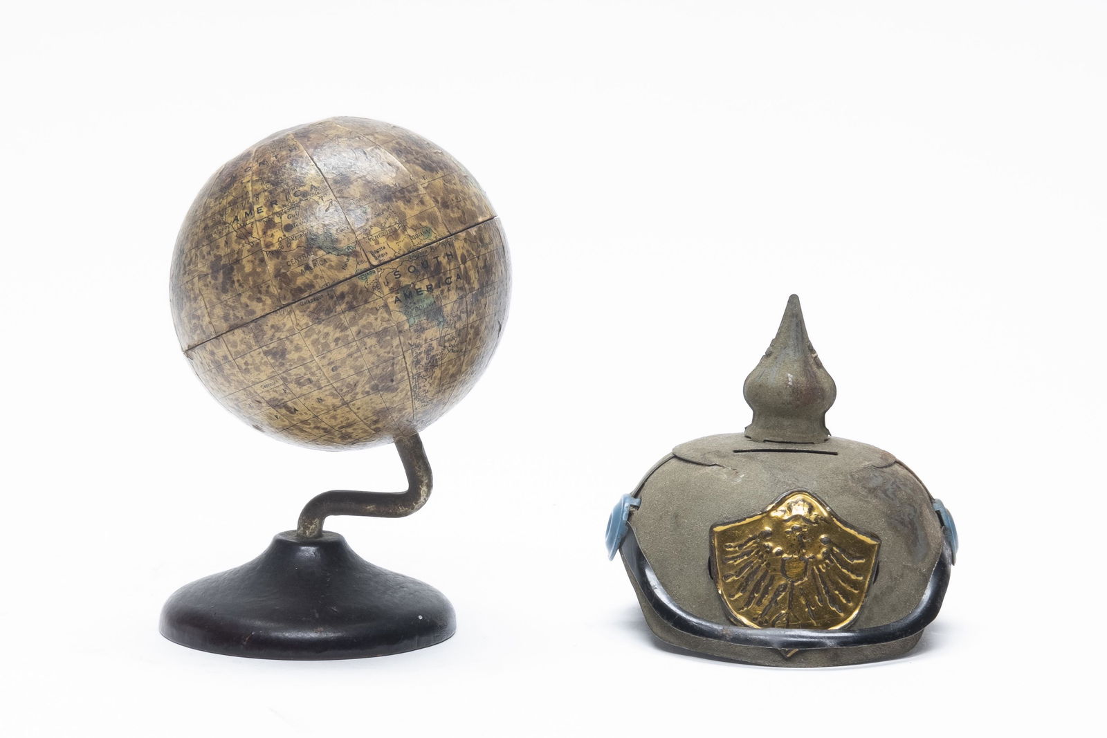 Globe on Wood Base & German Infantry Helmet Banks (1 of 4)