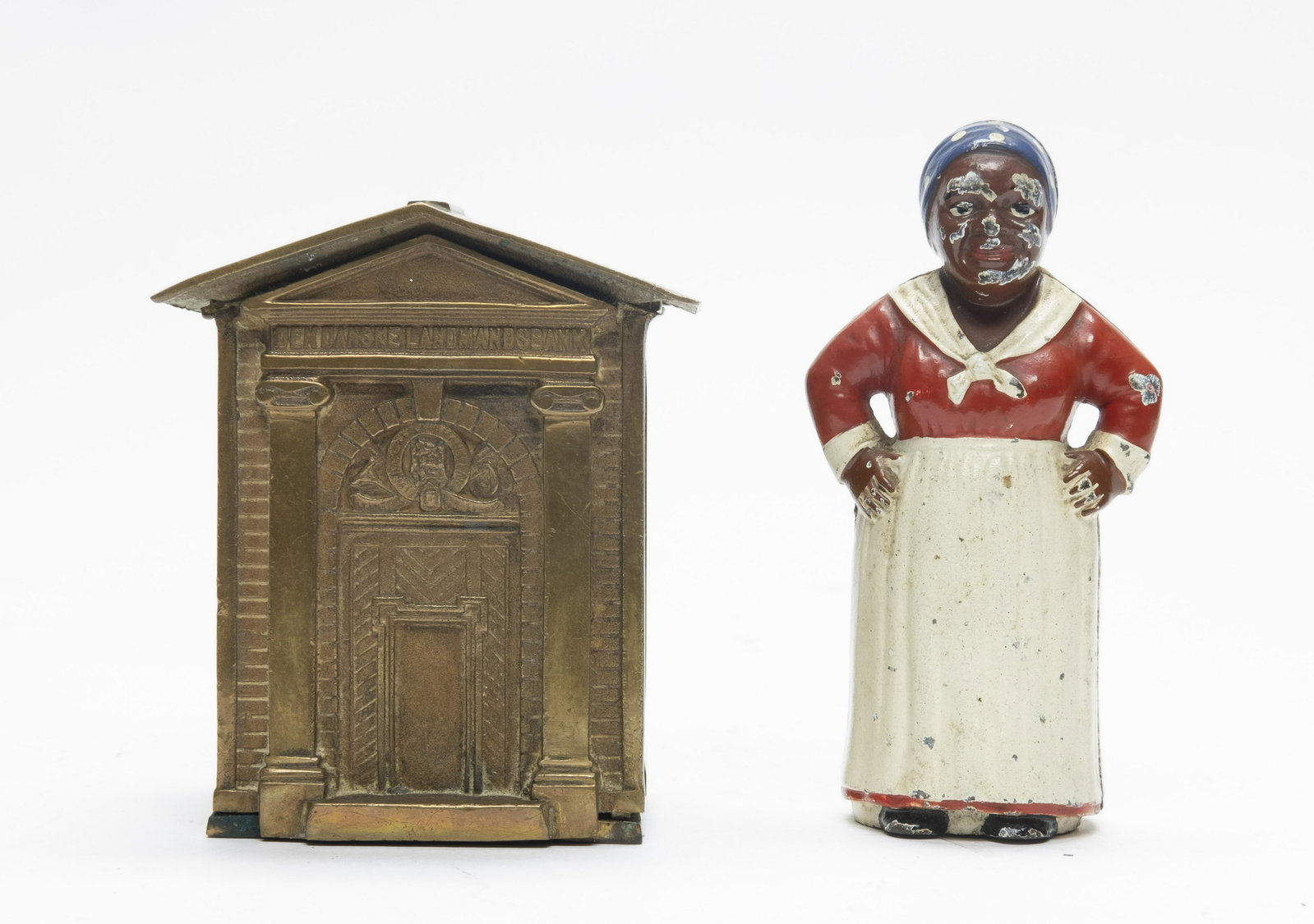 Odd Fellow & Mammy Still Bank: Includes: Odd Fellow Bank (Brass, Danish, 4 1/2" T) and Mammy Hands on Hips (Cast Iron, Hubley, 5 1/4" Tall). Fine to Excellent Condition.