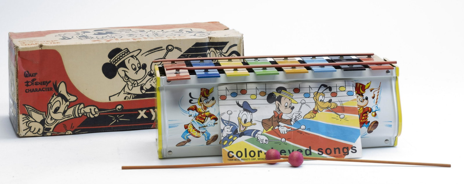 Tudor Boxed Walt Disney Xylophone: Made by Tudor Metal Products. Made of Tin. Near Mint with Original Box.